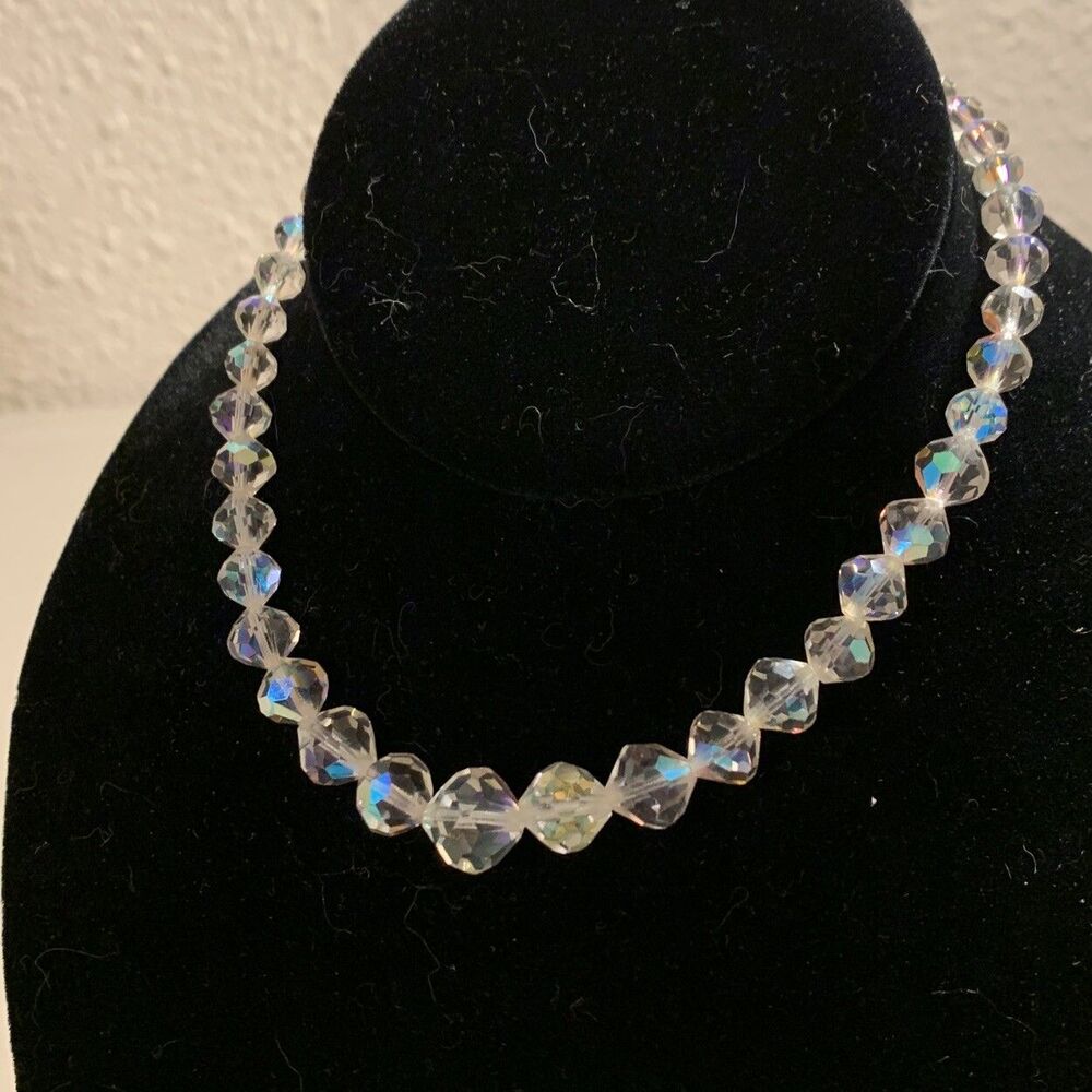 Vintage Graduated Aurora Borealis Necklace Faceted Glass Crystal 16”